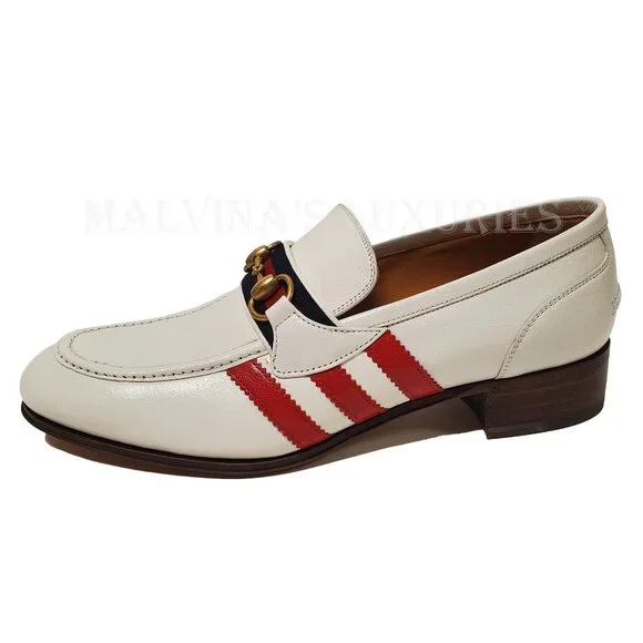 GUCCI SHOES ADIDAS TRIO STRIPE TREFOIL WHITE WEB HORSEBIT LOAFER sz 7.5 8 Gucci Horsebit x Adidas Leather Slipper in White - Runway  main image 4